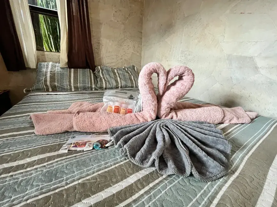 Cama de casal com toalhas em forma de cisnes
